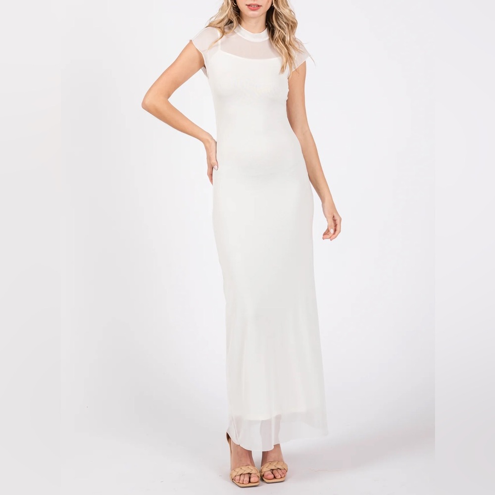 Ivory Mock Neck Sleeveless Mesh Maternity Maxi Dress (Size Small)